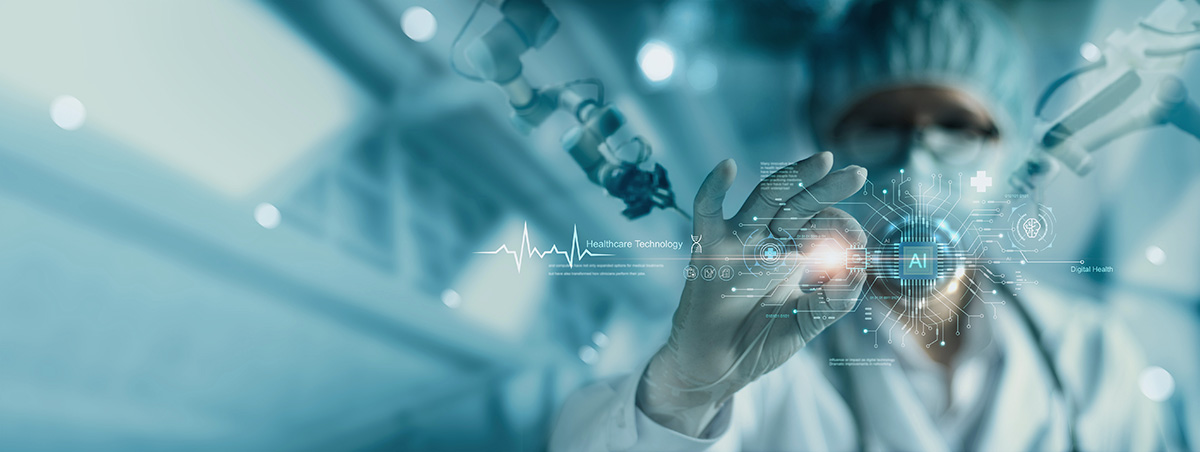Medical personnel engaging with artificial intelligence projected image