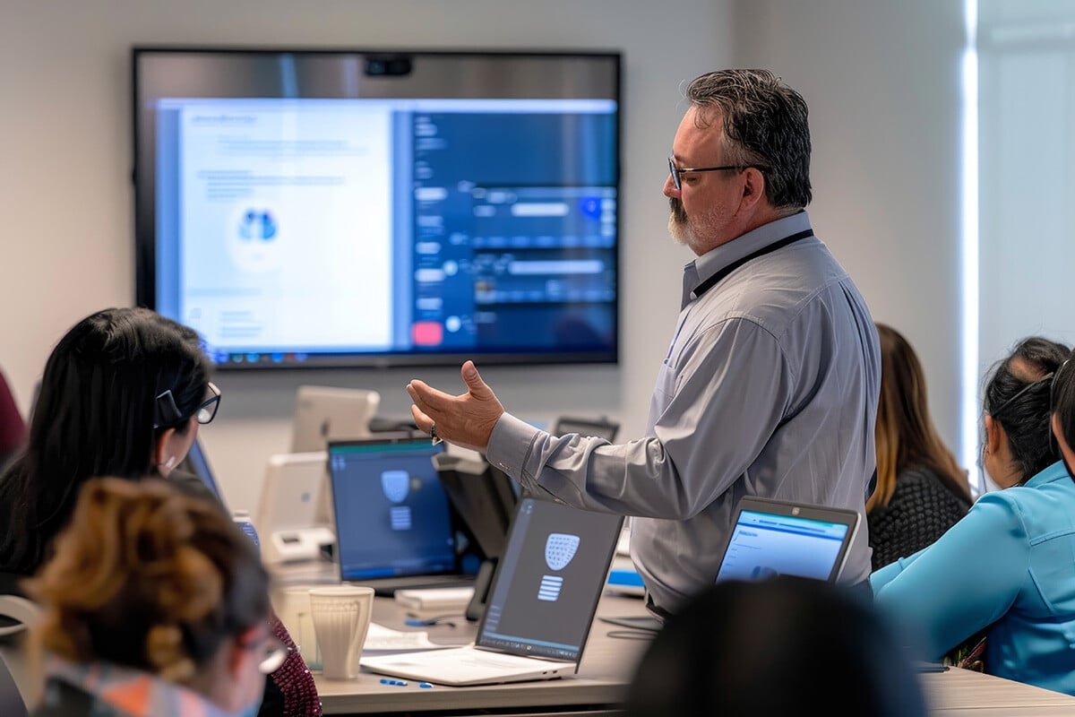 Man teaching cybersecurity concepts to classroom