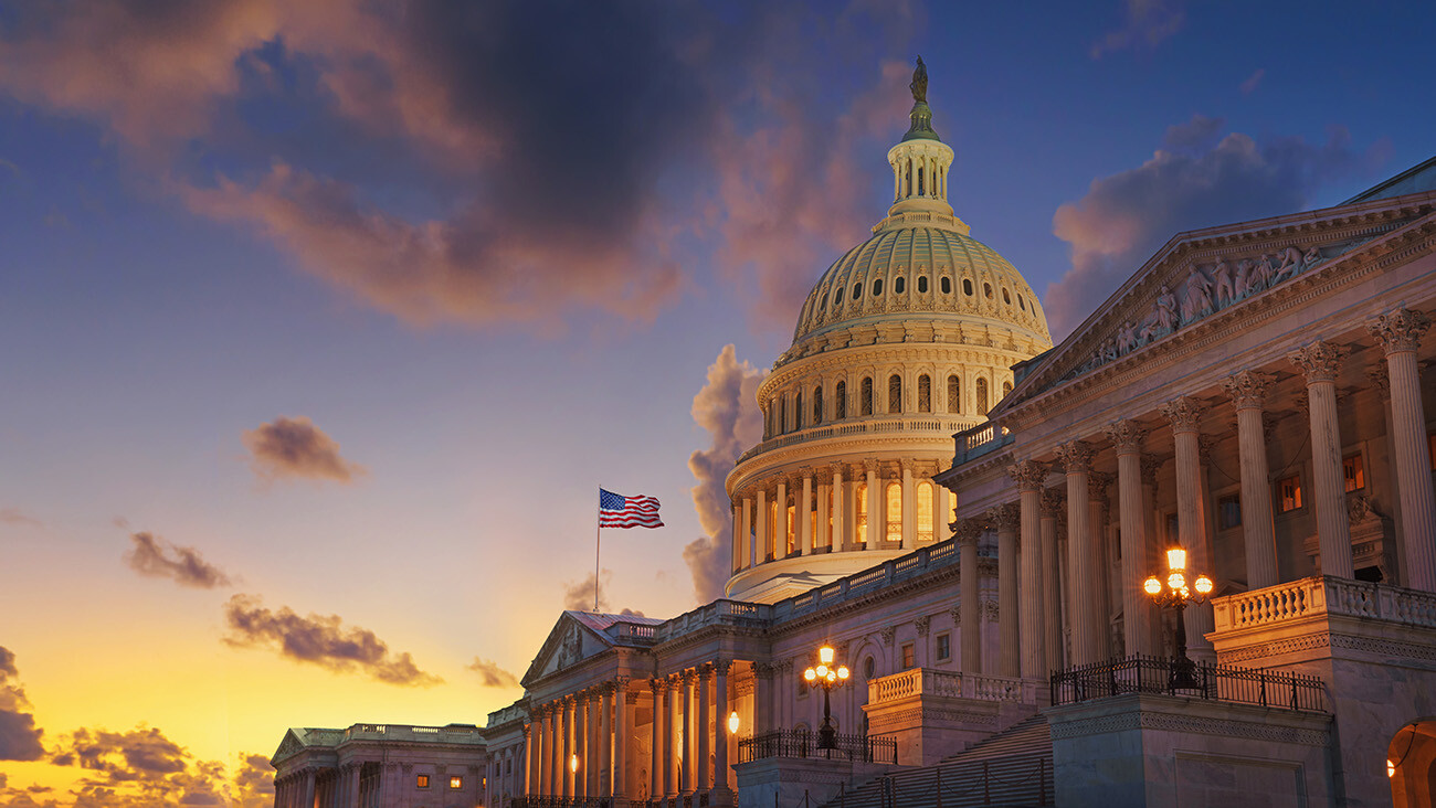 United States Capitol building at sunset