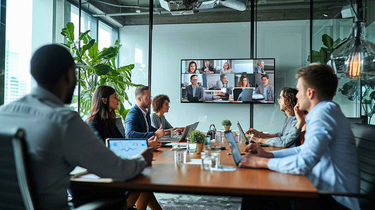 Company employees having virtual video meeting