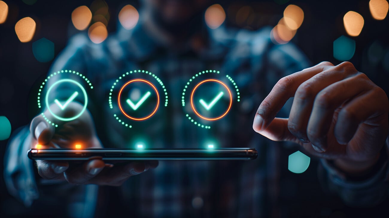 Person holding tablet with 3 green check marks